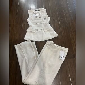 🔥🔥🔥💕❤️❤️zara cream texture double button sleeves suit /WITH BROOCH